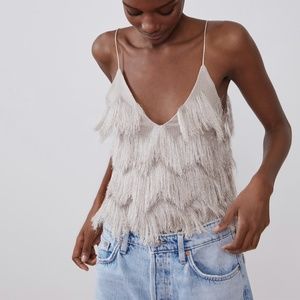Zara Womens Fringed V Neck Crop Top Shirt Size Medium